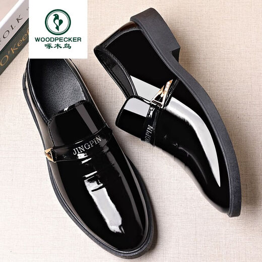 Woodpecker processing large size men's patent leather shoes men's formal British pointed toe men's leather shoes 686 black 43