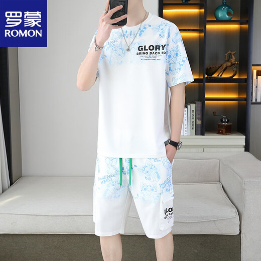 罗蒙（ROMON）2025夏季新款短袖套装男青年百搭短裤休闲运动两件套渐变色男装 6187蓝色 M