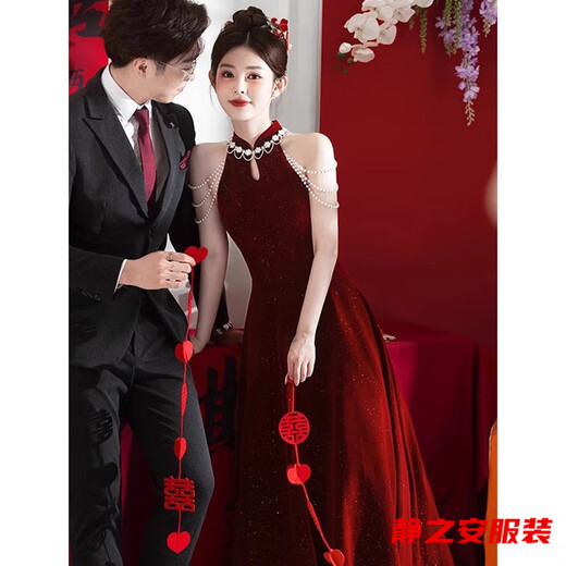 玛菲萱红色旗袍敬酒服新娘新款轻奢晚礼服新中式结婚订婚感婚服 酒红色 S