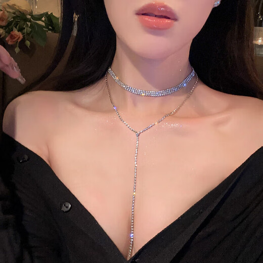共赴晚宴_满钻超闪流苏项链女轻奢小众设计感胸链高级锁骨链颈链 粗款满钻流苏锁骨项链【1条装】