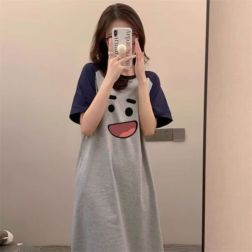 COLORFUL GEMS夏季女童宽松显瘦睡裙短袖过膝韩版长款家居服广州十三行 KE-1105#灰色表情包裙 均码
