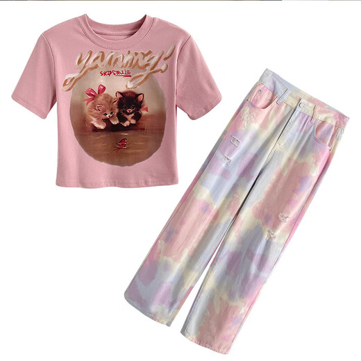 Kaizitu Ymeng Europäischer Modeanzug für Frauen im Sommer Neue modische altersreduzierende Kurzärmel-Kurzärmel-Top-Weitbein-Hosen zweiteiliger Set 7009A Pink Kurzärmelte + 7047B Jeans S S
