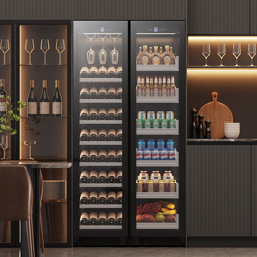 BAIKAILUN double-door wine cabinet with constant temperature and humidity, double-door, light, luxurious and thin, seamlessly embedded for household air-cooling and frost-free villa, tea, beverage, liquor and wine, fruit preservation and refrigerated display cabinet, 2 meters | Dual temperature | Red wine ice bar style | 121 bottles, thin style