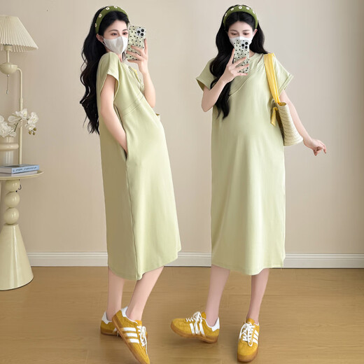 苒琦妈咪孕妇连衣裙夏季薄款纯棉慵懒风孕妇裙时尚简约孕妇装夏装短袖裙子 芥末绿 XL