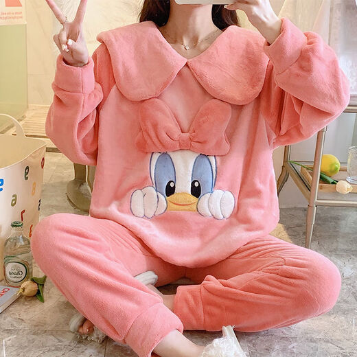 FHHUABD睡衣女秋冬季法兰绒韩版甜美卡通公主风家居服珊瑚绒加厚保暖套装 【9922绒】返领草莓 L