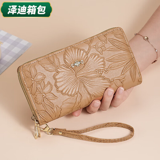 Yunluo Fashion Long Large Capacity Clutch Women's Retro Flower Double Zipper for Mom Portable Wallet Coin Purse Khaki Material