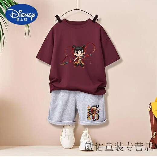 Disney Summer Children's Kurzärärmelte T-Shirt Neuer Stil für den Nationalen Trend der Kinder der Kinder Nudha Devil Child's Noodle Boys zweiteiler Set 1098# Rucksack T-Gray + 2005# Gray Shorts 90