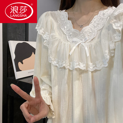 LangSha lace long-sleeved pajamas for women's new spring and autumn pure cotton sweet princess style student casual home clothing set KYX-9904# gray blue (double length) M