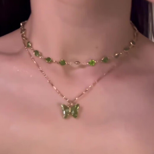 T 天启世纪森系绿色蝴蝶双层叠戴项链高级感小众设计锁骨链高级感百搭颈链女 绿色蝴蝶项链 C3520