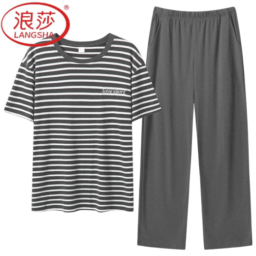 浪莎（LangSha）睡衣男士夏季纯棉短袖长裤薄款休闲条纹可外穿家居服套装 Y9207 93015 L 【建议100-130斤穿】