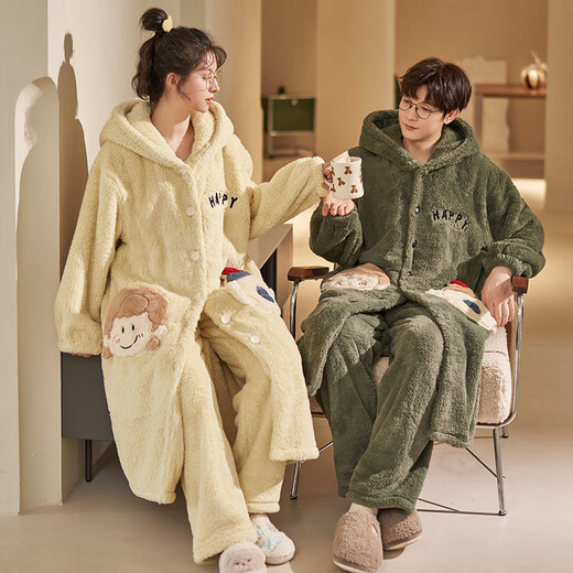 Fuxinkang coral velvet couple pajamas men's autumn and winter thickened and extended loose women's nightgown flannel bathrobe home clothes PY-6627 XL - women [height 165-170-weight 120-140]