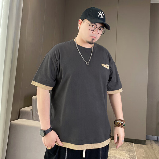纺布者（PENNY PEI）潮牌大码男装纯棉T恤男短袖胖子肥佬宽松圆领加肥加大半袖体恤 T1506深灰色 4XL (200-225斤)