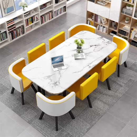 Xiangmaoheng small conference table 8 people simple modern business training rectangular long table reception and negotiation table and chair combination 90*150 imitation white table gray cloth