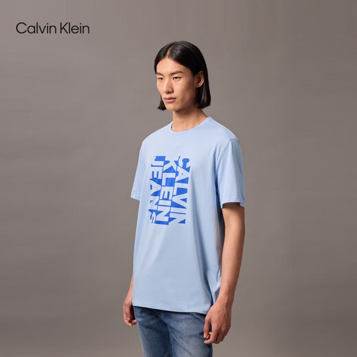 Calvin KleinJeans25春夏男士休闲通勤ck字母印花纯棉针织短袖T恤4RB832G CDN-海天蓝 L