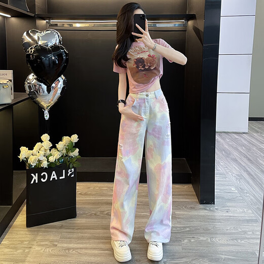 Kaizitu Ymeng Europäischer Modeanzug für Frauen im Sommer Neue modische altersreduzierende Kurzärmel-Kurzärmel-Top-Weitbein-Hosen zweiteiliger Set 7009A Pink Kurzärmelte + 7047B Jeans S S