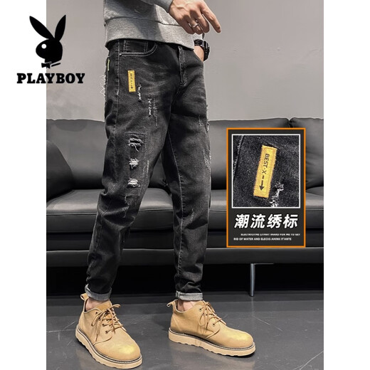 花花公子（PLAYBOY）男士破洞牛仔裤春秋款潮牌修身小脚2025新款夏季黑色男生休闲长裤 6636黑色. 28
