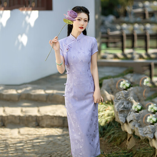 罗蒙品牌紫色蕾丝长款改良旗袍2025新款年轻款女国风复古修身日常可穿 18861紫 S