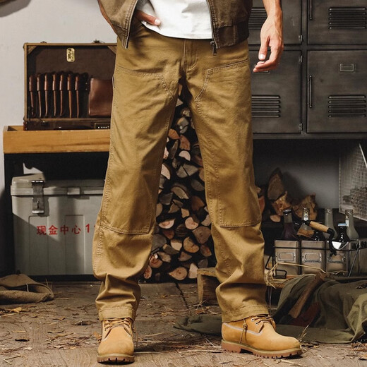 Jay Leno American Heavyweight Retro Logging Pants Men's Spring and Autumn Style Loose Straight Cleanfit Distressed Casual Workwear Pants Men's Khaki 100% Cotton L Suitable for 130-150Jin Jin equals 0.5 kg