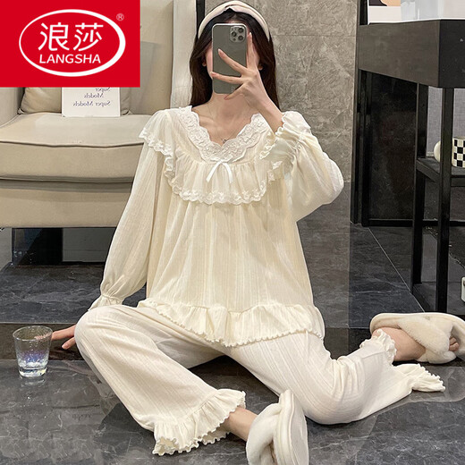 LangSha lace long-sleeved pajamas for women's new spring and autumn pure cotton sweet princess style student casual home clothing set KYX-9904# gray blue (double length) M