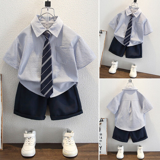 
G.DUCKKIDS little yellow duck children's clothing boys summer suit handsome children's suit summer Korean version one-year-old clothes baby boy dress striped suit + tie 90 size 1-1 and a half years [80-90cm]