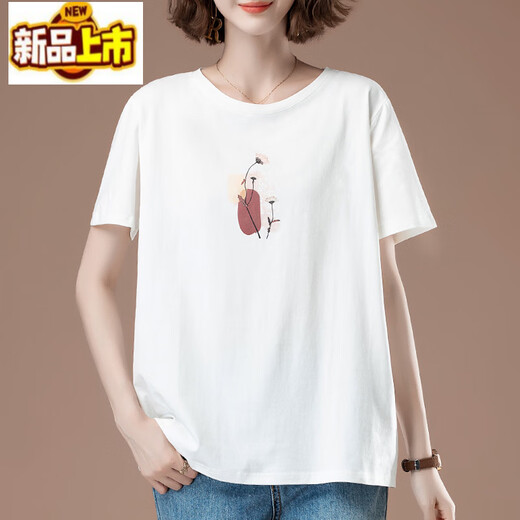 初径（CHUJING）胖短袖恤女夏季加大码女装宽松棉中年妈妈显瘦薄款百搭上衣 白色【9896款】 棉95%氨纶5% L 100-115斤