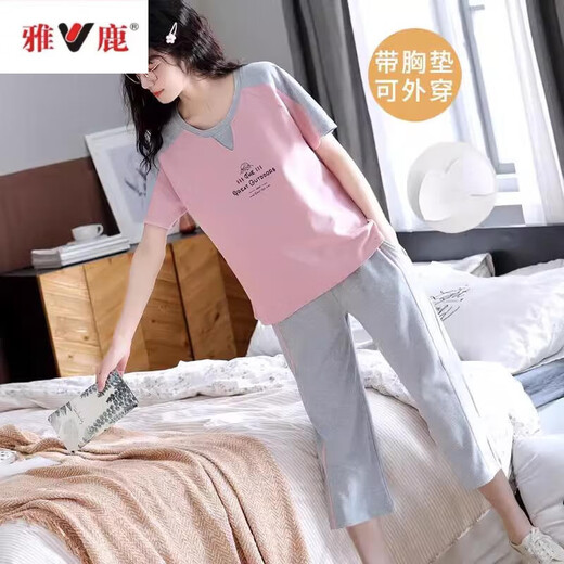 雅鹿女士带胸垫一体免文胸睡衣女夏季薄款棉短袖七分裤甜美可外穿套装 带胸垫679巴比熊短袖七分裤 XL 码110-125斤左右