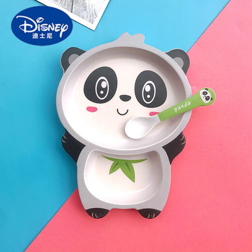 迪士尼（Disney）可爱竹纤维儿童餐盘套装婴儿孩子学吃饭卡通分格宝宝餐具盘碗防烫 08蓝猪【盘+勺】划算款