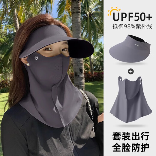 Memaru full face sunscreen mask facekini women's anti-UV summer ice silk seamless sunshade hat mask neck protector 1# dark gray hat + mask