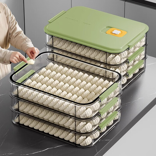 WELLMEET dumpling storage box for refrigerator, food-grade freezing, special kitchen quick-frozen dumpling crisper tray, wonton hand, green, 2 layers, non-stick bottom - holds 140 dumplings