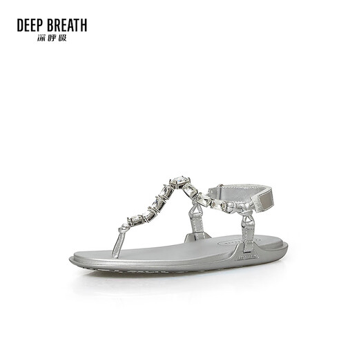 DEEP BREATH深呼吸女鞋夏季水钻夹趾魔术贴平底人字拖凉鞋AX14118 银 37
