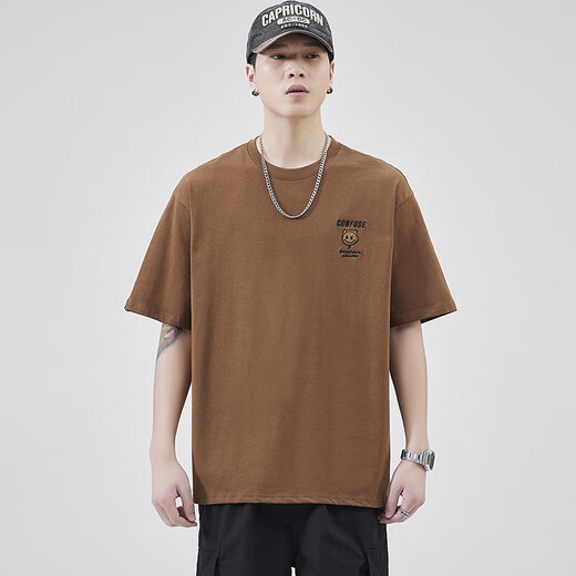 Woodpecker Fashion Brand American Heavy Short-Sleeve T-Shirt for Men Loose 2025 Summer New Fashion versatile Round Neck Half-Sleeve T-Shirt 5009# Dark Gray M [Suggested 95~115Jin [Jin equals 0.5 kg] Wear]