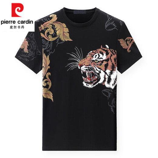 皮尔卡丹（pierre cardin）丝光棉短袖t恤男士潮流印花虎头冰 丝花体恤衫半袖上衣中青年T恤 829K虎头黑 M 165/ 建议90-110斤