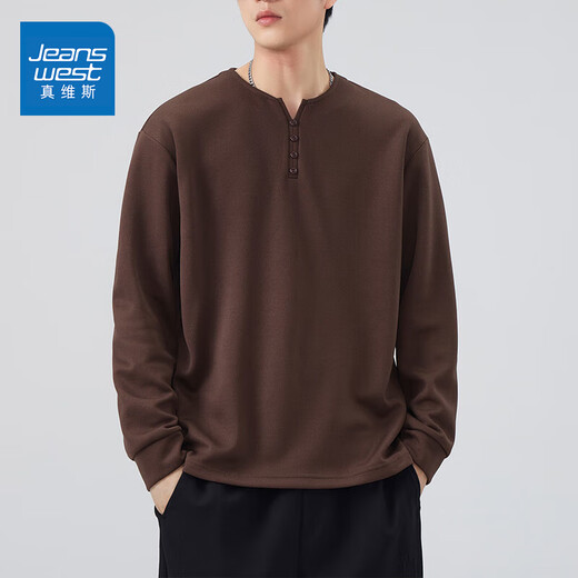 Jeanswest Henley collar men's long-sleeved T-shirt spring and autumn tops spring and autumn sweatshirt men's inner layering shirt boys brown 2XL (140-160Jin Jin equals 0.5 kg)