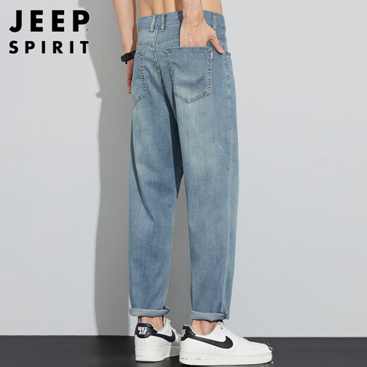 JEEP SPIRIT吉普冰丝牛仔裤男士夏季潮牌直筒天丝九分弹力裤子 复古蓝 32