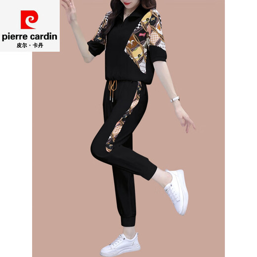 皮尔卡丹冰丝休闲运动套装女夏季2025新款跑步服显瘦时尚洋气质短袖两件套 (1389)黑色 M (建议100斤以下)
