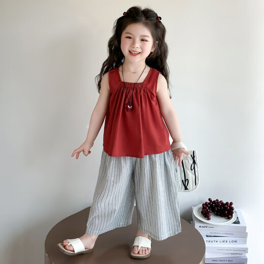 Girls Summer Set 2025 Neue modische Kinderkleidung 1-3 ärmelloses kleines Mädchen Sommer zweiteiliger Set 3-6 Jahre alte Burgund Dünnstil 120 cm