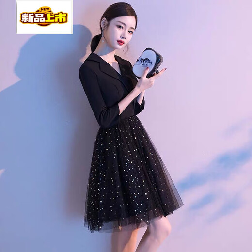 CHUJING 2025 NUEVO VESTO NEGRO DE LA ESCARA NEGRO Banquete de alta gama Celebrity Hepburn Syle Dress generalmente usa negro S