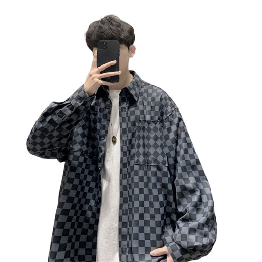 Rongxitu Khaki Jacke Checkerboard Shirt Herren hübsches fünfteilige Set-Feder- und Herbst-neue Style-Karte 684+Weiße Kurzärmel+graue große Seilhosen+Halskette+Socken M Qualität höher als Peers