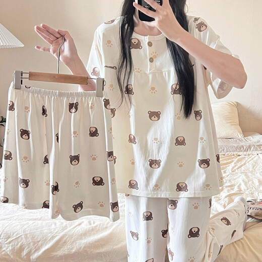 浪莎（LangSha）棉绸睡衣女春夏季纯棉短袖长裤甜美可爱可外穿棉家居服三件套装 QSM三件套-S761樱桃熊 短-袖+短- XL 【120-140斤】