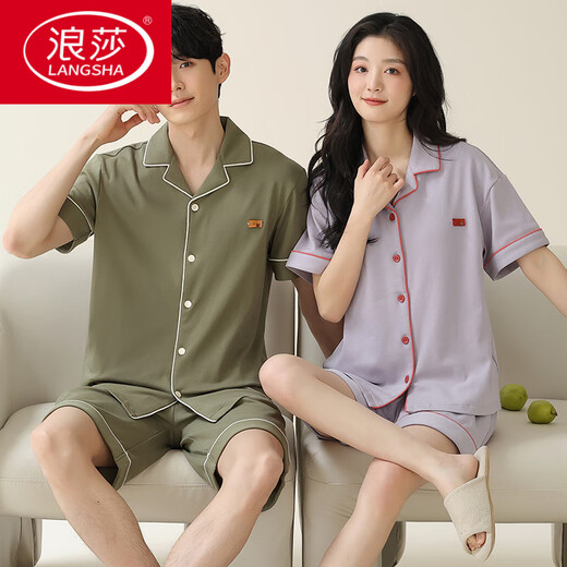 浪莎（LangSha）情侣睡衣夏季纯棉短袖短裤简约开衫可外穿男士女款全棉家居服夏天 X12703-12803# M 女款：