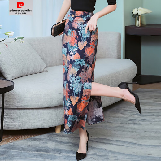 Pierre cardin ice silk floral high waist hip skirt side slit long floral skirt summer new large size one-step long skirt women 854 floral ice silk S