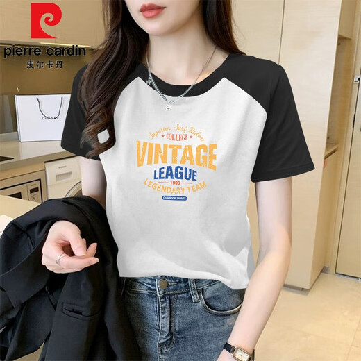 Pierre cardin short-sleeved T-shirt for women 2025 new summer raboss sleeves pure cotton unique fashionable slim top design 1476 flower gray/Prince blue raboss short-sleeved (black print S 80-100Jin [Jin equals 0.5 kg]