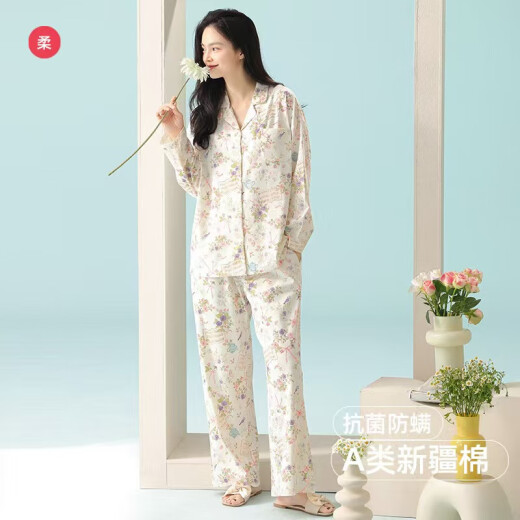[7a Antibacterial y Mite Anti] Pajamas de primavera para mujeres Pure Cotton Long manga delgada Pure Deseo Conjunto de ropa para el hogar 3E3291 M