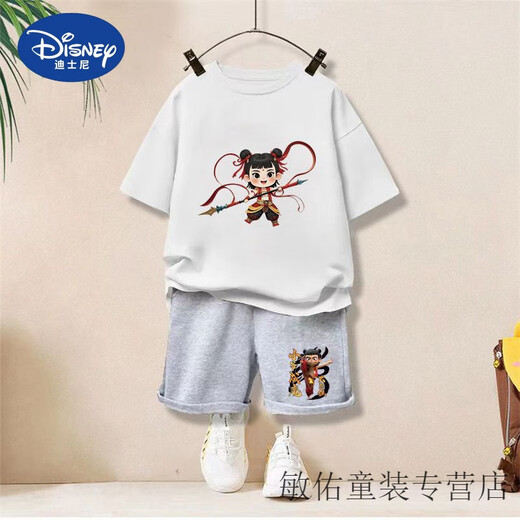 Disney Summer Children's Kurzärärmelte T-Shirt Neuer Stil für den Nationalen Trend der Kinder der Kinder Nudha Devil Child's Noodle Boys zweiteiler Set 1098# Rucksack T-Gray + 2005# Gray Shorts 90