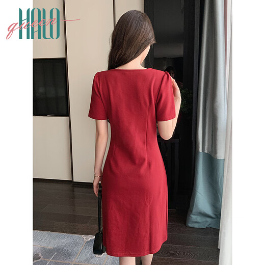 Halo Queen Red Vestido de manga corta para mujeres Summer de collar francés Vestido de compromiso Vacaciones Falda roja H52Q024