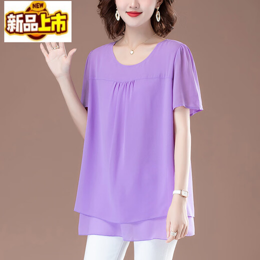 初径（CHUJING）中年女士夏季短袖女雪纺衫妈妈夏装新款上衣宽松大码遮肚子小衫潮 829紫红色 L 适合(100-120斤)