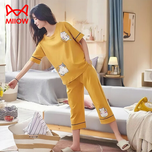 Catman (Miiow) pijama para mujeres en verano 2025 Nuevos pantalones recortados de manga corta traje de verano para mujeres de mediana edad de mediana edad ropa casual para el hogar pantalones cortos de manga corta-679 m recomendado 80-100 Jin [Jin equivale a 0,5 kg]