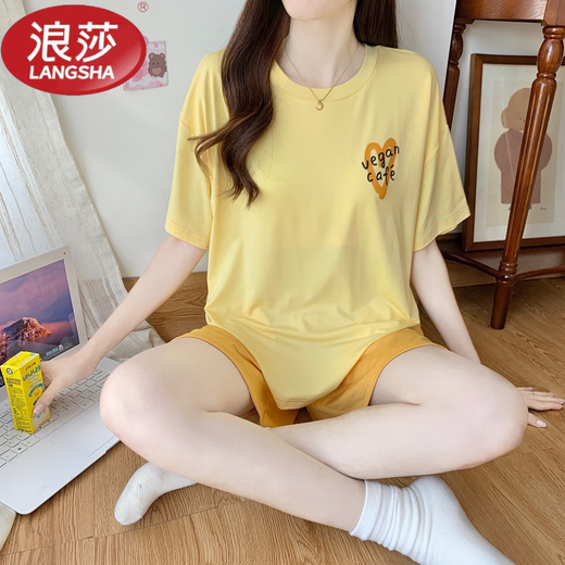 浪莎（LangSha）莫代尔女款睡衣夏季短袖冰丝薄款可外穿睡裙宽松大码小个子家居服 W12611短袖短裤女(带胸垫) M (建议70-90斤)