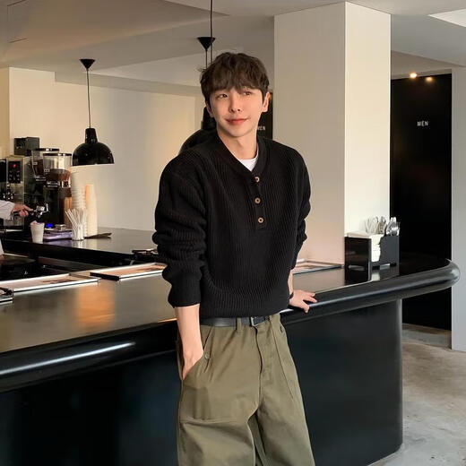 DAVID&ME American retro black Henry collar long-sleeved sweater men's lazy style thickened vertical striped pullover sweater top black M