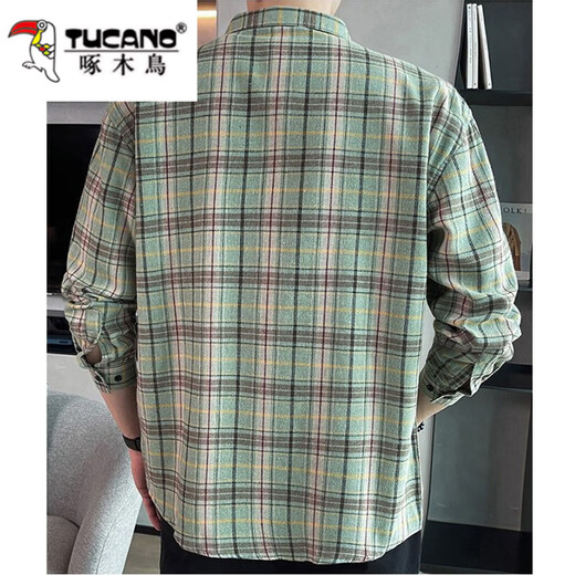 Woodpecker Plaid Long Sleeve Shirt Men's Summer Thin Trendy Loose Casual Shirt Men's Korean Style Hong Kong Style Handsome Jacket 2109 Green XL